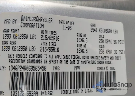 2006 Dodge Grand Caravan Se z USA, uszkodzony, nr VIN 1D4GP24R06B565458
